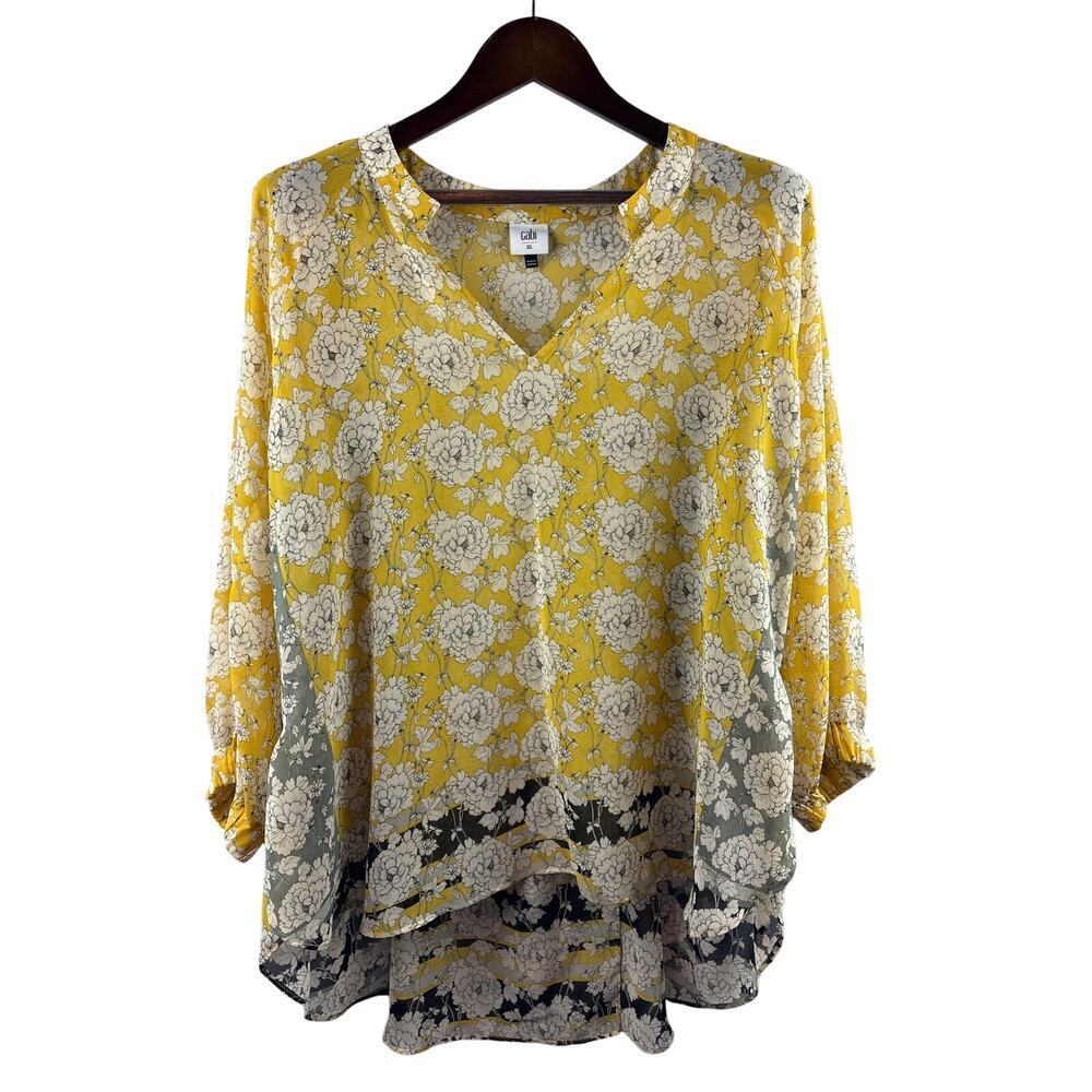 Women’s Cabi XL Yellow Long Sleeve Blouse w/ White & Black Florals